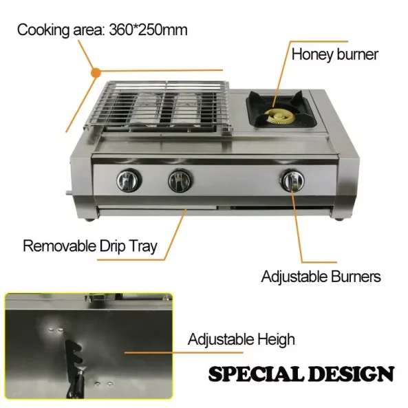 Grill - KDM02+1, 2 fuegos+1 zona de cocción, gas, dimensiones 700 X 400 X 220 mm, acero inoxidable