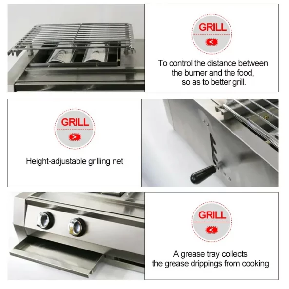 Grill - KDM02+1, 2 fuegos+1 zona de cocción, gas, dimensiones 700 X 400 X 220 mm, acero inoxidable