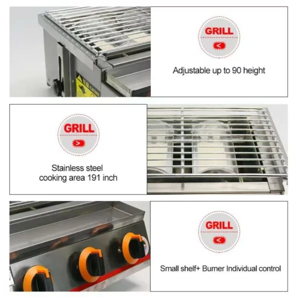 Parrilla - KDM03, 3 fuegos, gas, dimensiones 500 X 410 X 170 mm, acero inoxidable