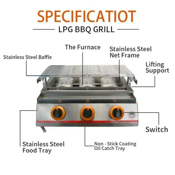Parrilla - KDM03, 3 fuegos, gas, dimensiones 500 X 410 X 170 mm, acero inoxidable