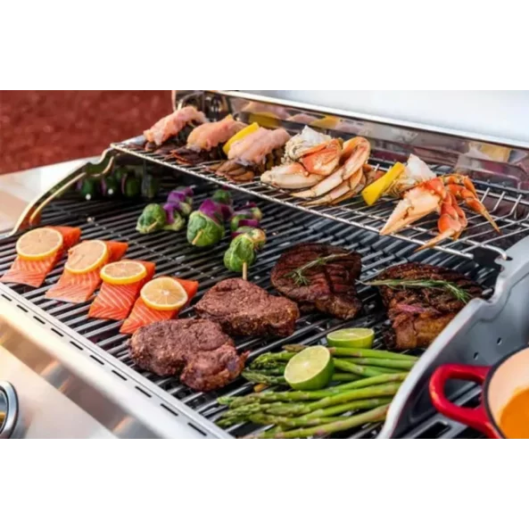 PRODUCTO RESELLADO! Grill - QTC5, 5+1 zonas de coccion, gas, termometro, dimensiones totales 154,5 X90 cm, acero inoxidable
