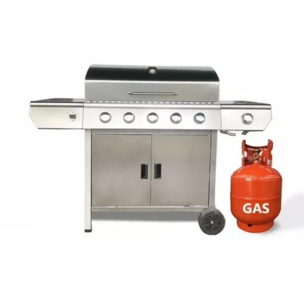 PRODUCTO RESELLADO! Grill - QTC5, 5+1 zonas de coccion, gas, termometro, dimensiones totales 154,5 X90 cm, acero inoxidable