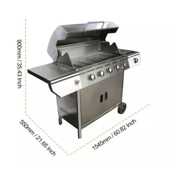 PRODUCTO RESELLADO! Grill - QTC5, 5+1 zonas de coccion, gas, termometro, dimensiones totales 154,5 X90 cm, acero inoxidable