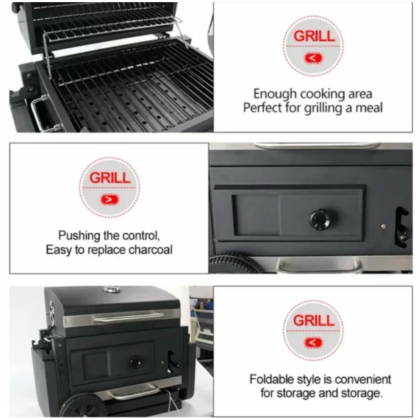 Grill - TTC18, faszén, BBQ füstölő 2 az 1-ben, grill és füstölő, hőmérő, teljes méret 112 x 98,5 cm, fekete