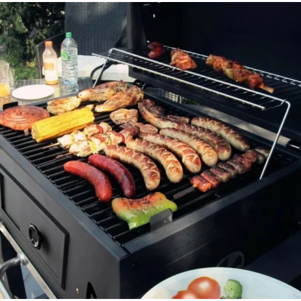 Grill - TTC18, faszén, BBQ füstölő 2 az 1-ben, grill és füstölő, hőmérő, teljes méret 112 x 98,5 cm, fekete