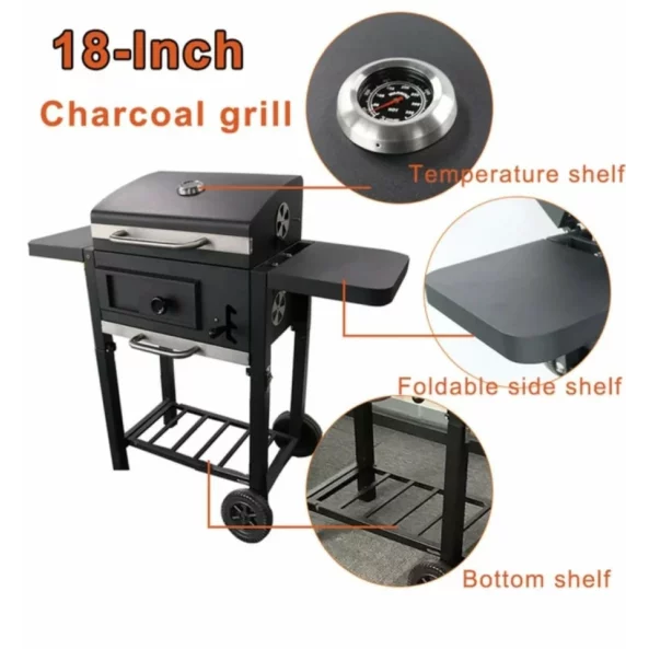Grill - TTC18, faszén, BBQ füstölő 2 az 1-ben, grill és füstölő, hőmérő, teljes méret 112 x 98,5 cm, fekete