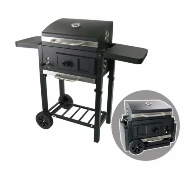 Grill - TTC18, faszén, BBQ füstölő 2 az 1-ben, grill és füstölő, hőmérő, teljes méret 112 x 98,5 cm, fekete