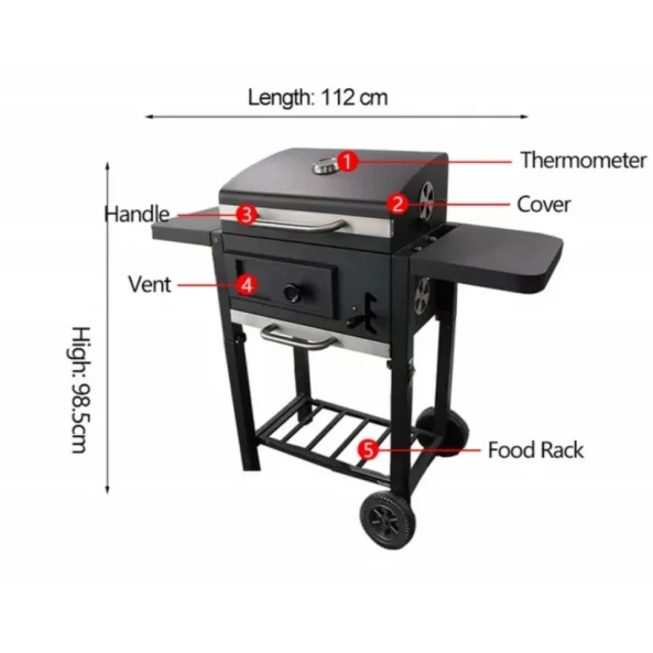 Grill - TTC18, faszén, BBQ füstölő 2 az 1-ben, grill és füstölő, hőmérő, teljes méret 112 x 98,5 cm, fekete