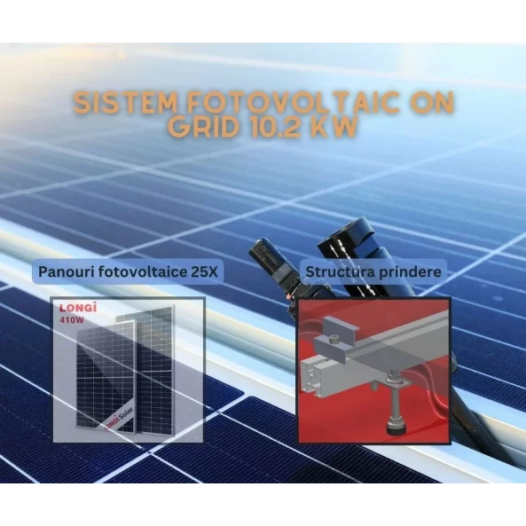 Sistem solar fotovoltaic 10.2KW monofazic, ON-GRID cu 25 panouri fotovoltaice LONGI 410W prindere pe acoperis de tabla