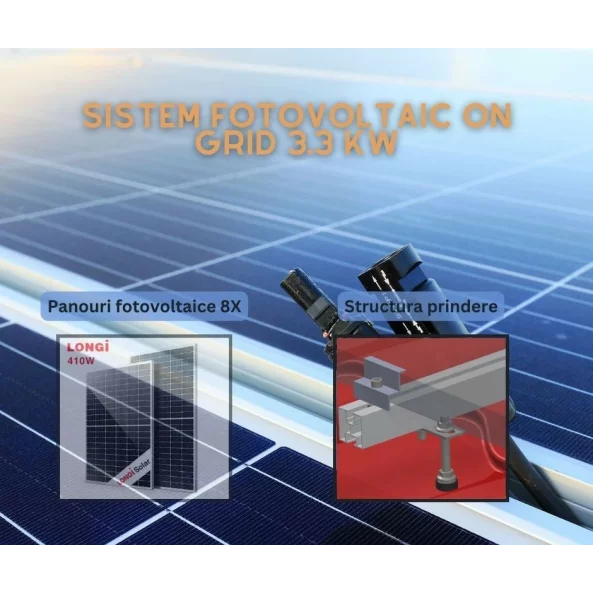 Egyfázisú, 3,3 kW-os fotovoltaikus napelemes rendszer, ON-GRID 8 db LONGI 410 W-os fotovoltaikus panellel bádogtetőre rögzítve