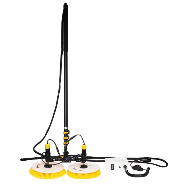 Doble cepillo para limpieza de paneles fotovoltaicos, motor brushless y mango telescópico hasta 7,5 m + Batería de Litio