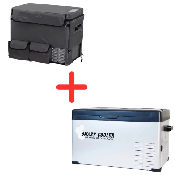 Pachet frigider auto cu compresor smart cooler 30l , 12/24/220v, cu display LCD si bluetooth, transformator 220V inclus, taxa verde inclusa+Husa de protectie termoizolanta