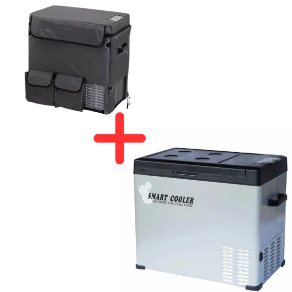 Pachet frigider auto cu compresor smart cooler 50l , 12/24/220v, cu display LCD si bluetooth, transformator 220V inclus, taxa verde inclusa+Husa de protectie termoizolanta
