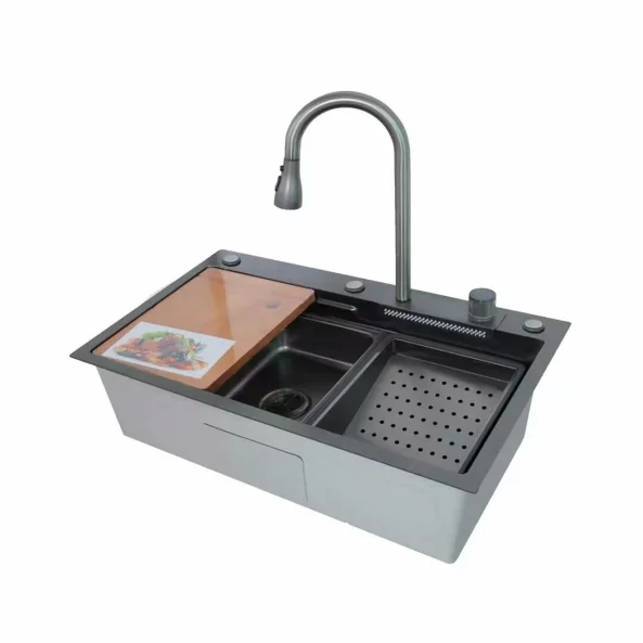Chiuvetă modernă pentru bucătărie culoare :negru , multifuncțională, duș extractibil, inox, calitate premium, accesorii incluse dimensiuni 750*460*220mm