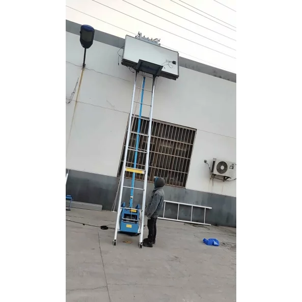 Elektricheski aluminiev asans-or, maksimalna visochina 18 m, s promenliv iegiel + transportna kolichka za fotovoltaichni paneli + tovarna transportna kolichka