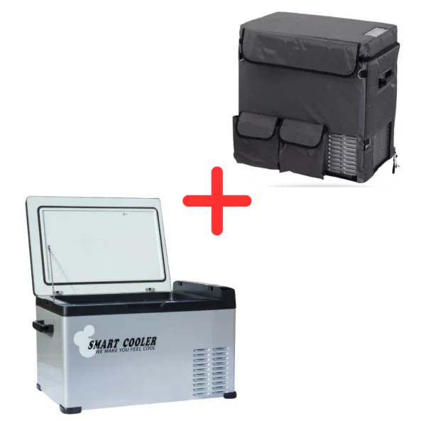 Pachet frigider auto cu compresor smart cooler 40l , 12/24/220v, cu display LCD si bluetooth, transformator 220V inclus, taxa verde inclusa+Husa de protectie termoizolanta