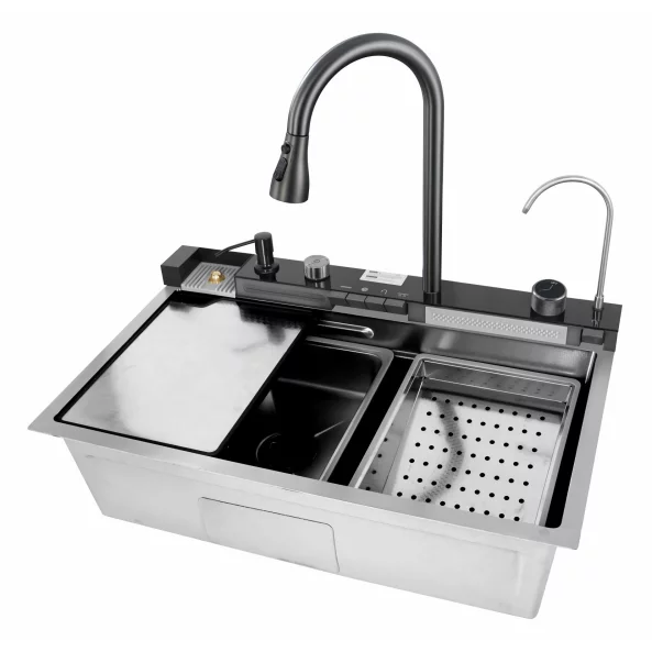 Chiuvetă modernă de bucătărie culoare :argintiu, multifuncțională, duș extractibil, spălător pahare, filtrare apă, inox, calitate premium, accesorii incluse dimensiuni 680*460*220mm