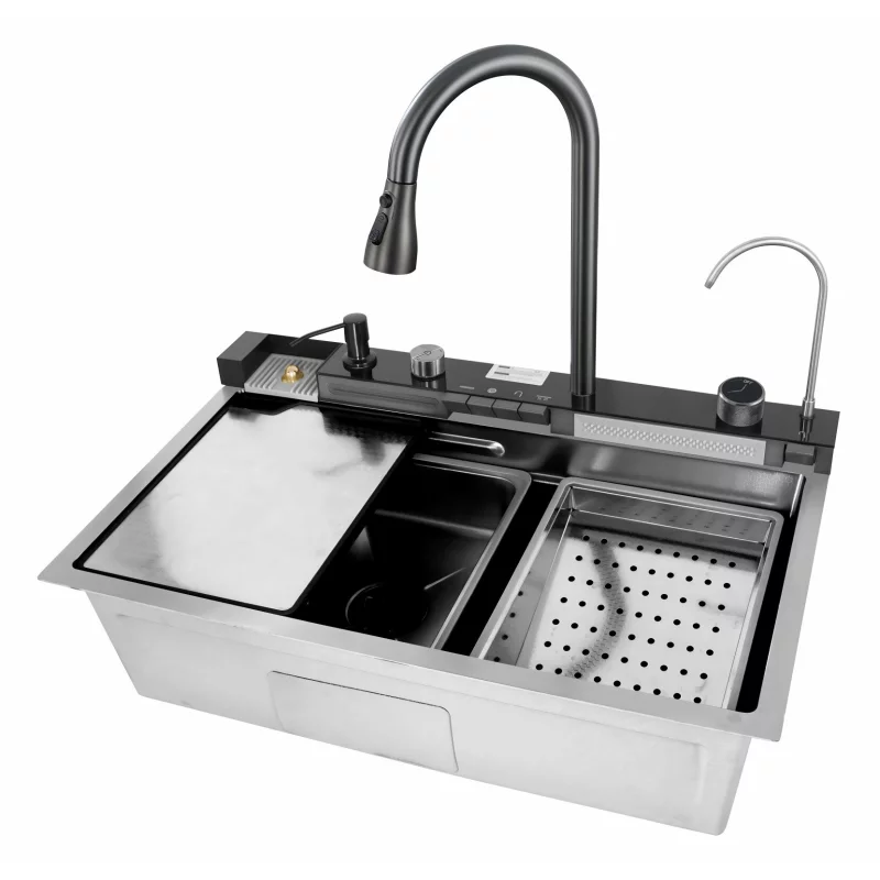 Chiuvetă modernă de bucătărie culoare :argintiu, multifuncțională, duș extractibil, spălător pahare, filtrare apă, inox, calitate premium, accesorii incluse dimensiuni 680*460*220mm
