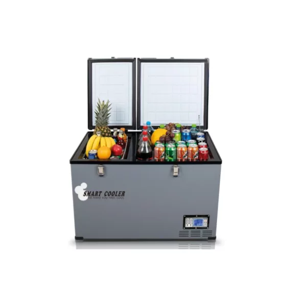 Frigider auto cu compresor smart cooler 12/24 V +220 V, capacitate 100L, cu bluetooth si zonă dublă de răcire, taxa verde inclusă