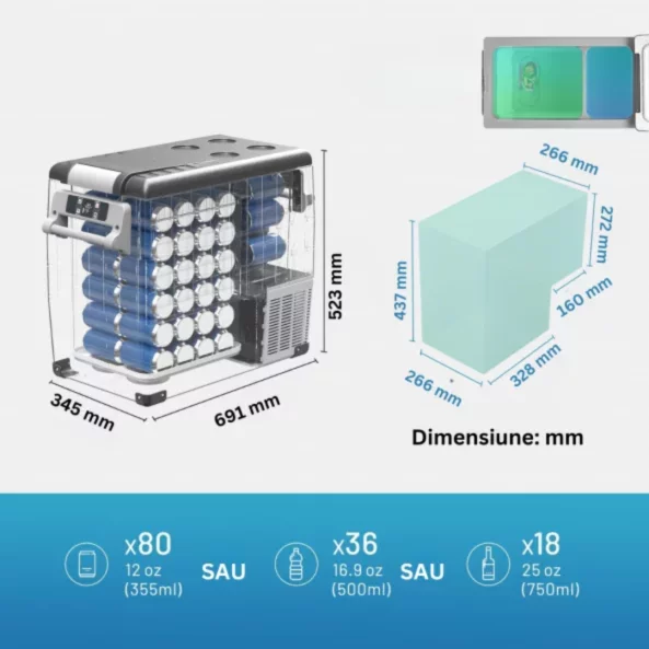 Frigider auto cu compresor smart cooler CF55 , 12/24V+220 V, cu display LCD si bluetooth