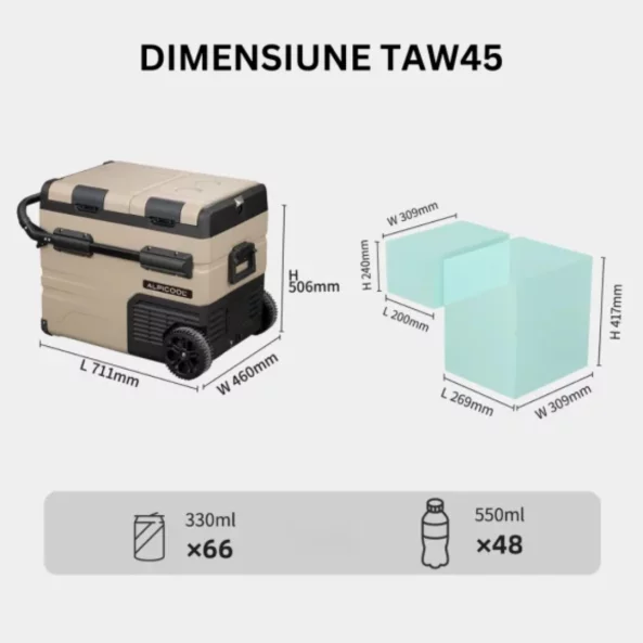 Frigider auto cu compresor smart cooler 12/24 V +220 V, cu bluetooth, roți si zona dubla de racire, capacitate 45L, taxa verde inclusa