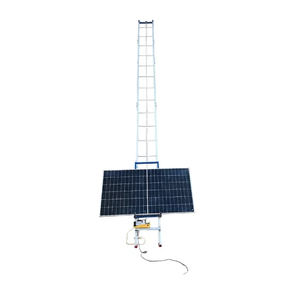 Elevador electrico de aluminio, altura maxima 12 m, con angulo fijo para elevacion de mercancias y paneles solares fotovoltaicos.