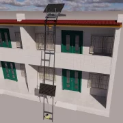 Elevador electrico de acero, altura maxima 18 m, angulo fijo, carro movil y control remoto para elevacion de mercancias y paneles solares fotovoltaicos.