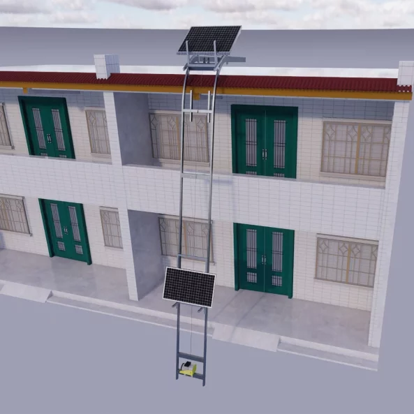 Elevador electrico de acero, altura maxima 18 m, angulo fijo, carro movil y control remoto para elevacion de mercancias y paneles solares fotovoltaicos.