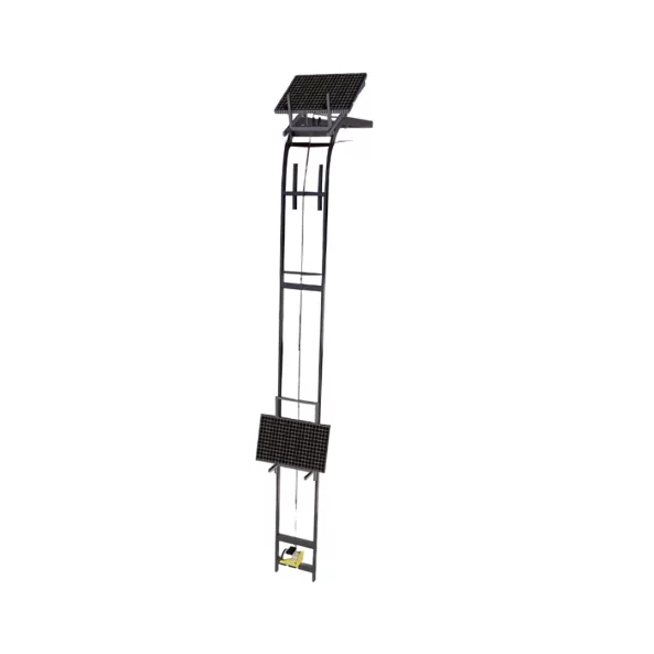Elevador electrico de acero, altura maxima 18 m, angulo fijo, carro movil y control remoto para elevacion de mercancias y paneles solares fotovoltaicos.