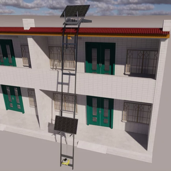 Elevador electrico de acero, altura maxima 12 m, angulo fijo, carro movil y control remoto para elevacion de mercancias y paneles solares fotovoltaicos.