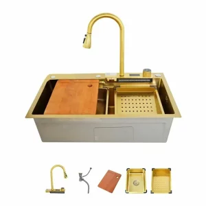 Chiuvetă modernă pentru bucătărie culoare :auriu , multifuncțională, duș extractibil, inox, calitate premium, accesorii incluse dimensiuni 750*460*220mm