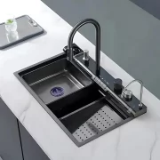 Chiuvetă modernă de bucătărie culoare :negru , multifuncțională, duș extractibil, spălător pahare, filtrare apă, inox, calitate premium, accesorii incluse dimensiuni 750*460*220mm