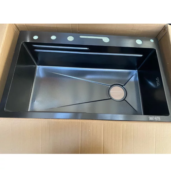 Fregadero de cocina moderno, color: negro, multifuncional, con ducha extraíble, lavavasos, sistema de filtrado de agua, acero inoxidable, calidad premium, con accesorios incluidos, dimensiones: 750×460×220 mm – ¡PRODUCTO REACONDICIONADO!