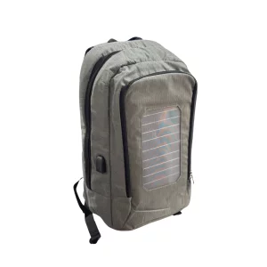 Mochila gris con panel solar, puerto USB y cable