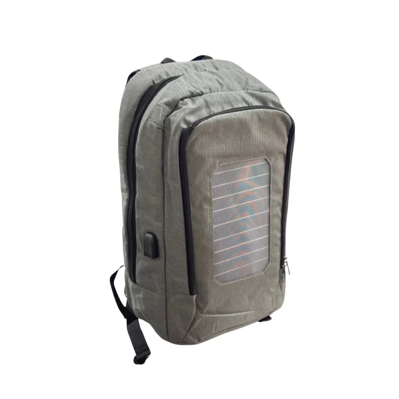 Rucsac gri cu panou solar, port USB și cablu
