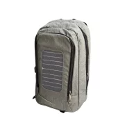 Mochila gris con panel solar, puerto USB y cable