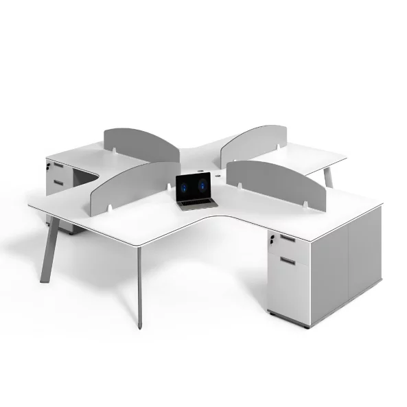 Operativen ofis, rabotna stantsiia s 4 rabotni mesta i vgradeni shkafove, moderen i eleganten dizain, premium kachestvo, razmeri 2400*2800*750