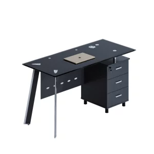 Escritorio con tablero de cristal y gabinete lateral fijo, diseño moderno y elegante, calidad premium, dimensiones 1200*600*750