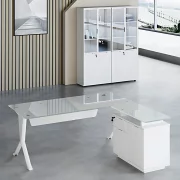 Masă birou in forma de L cu blat din sticla si dulap lateral fix ,design modern și elegant ,calitate premium , dimensiuni 1800*800*750