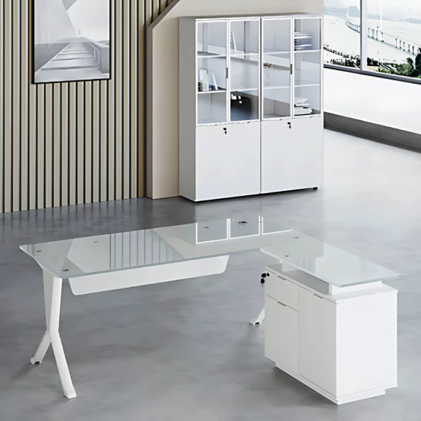 Masă birou in forma de L cu blat din sticla si dulap lateral fix ,design modern și elegant ,calitate premium , dimensiuni 1800*800*750