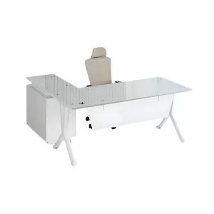 Masă birou in forma de L cu blat din sticla si dulap lateral fix ,design modern și elegant ,calitate premium , dimensiuni 1800*800*750