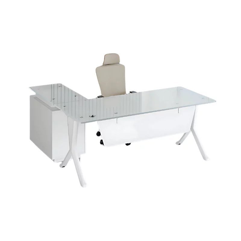 Masă birou in forma de L cu blat din sticla si dulap lateral fix ,design modern și elegant ,calitate premium , dimensiuni 1800*800*750
