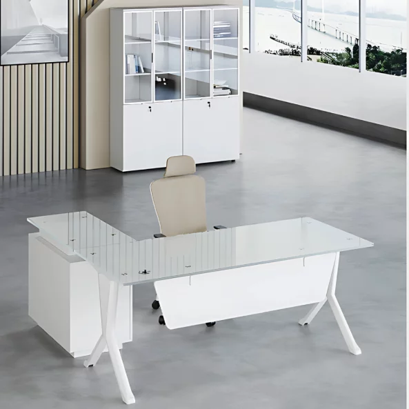 Masă birou in forma de L cu blat din sticla si dulap lateral fix ,design modern și elegant ,calitate premium , dimensiuni 1800*800*750