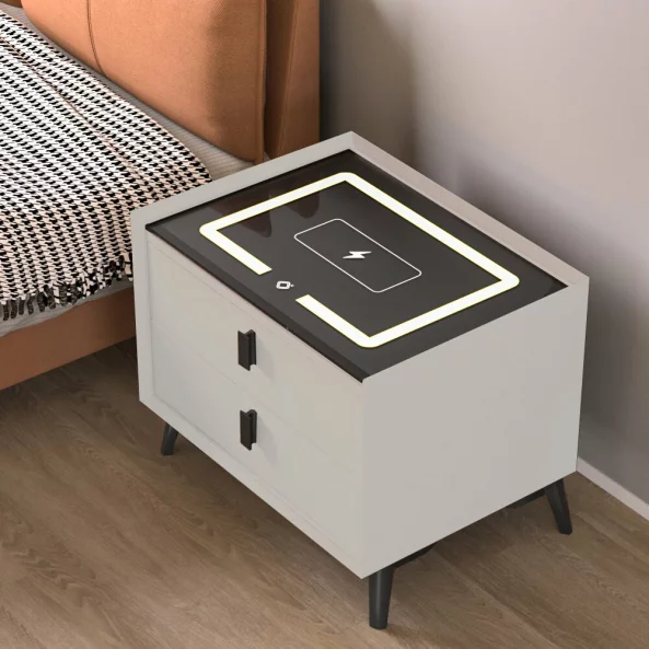 Noptiera inteligenta cu încărcare wireless și iluminare LED –culoare alb, 2 Sertare, design modern din sticlă și lemn