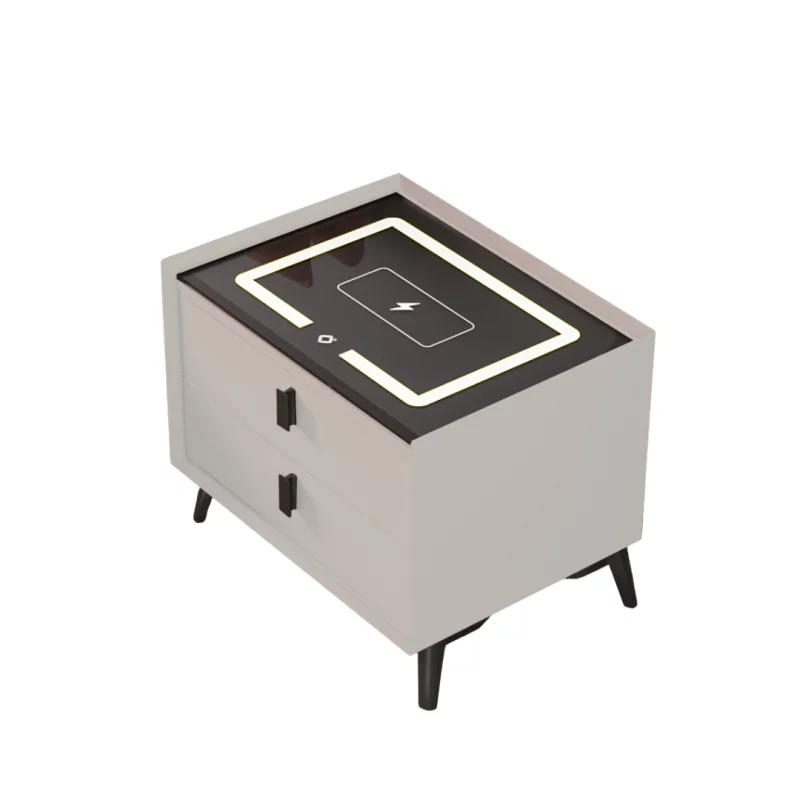 Noptiera inteligenta cu încărcare wireless și iluminare LED –culoare alb, 2 Sertare, design modern din sticlă și lemn