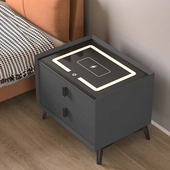 Intelligens ejjeliszekreny vezetek nelkuli toltessel es LED vilagitassal - antracitszurke szinu, 2 fiokkal, modern uveg es fa design