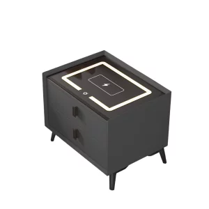 Noptiera inteligenta cu încărcare wireless și iluminare LED –culoare gri antracit, 2 sertare, design modern din sticlă și lemn