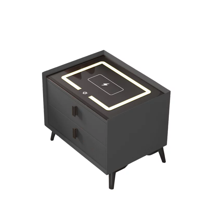 Noptiera inteligenta cu încărcare wireless și iluminare LED –culoare gri antracit, 2 sertare, design modern din sticlă și lemn