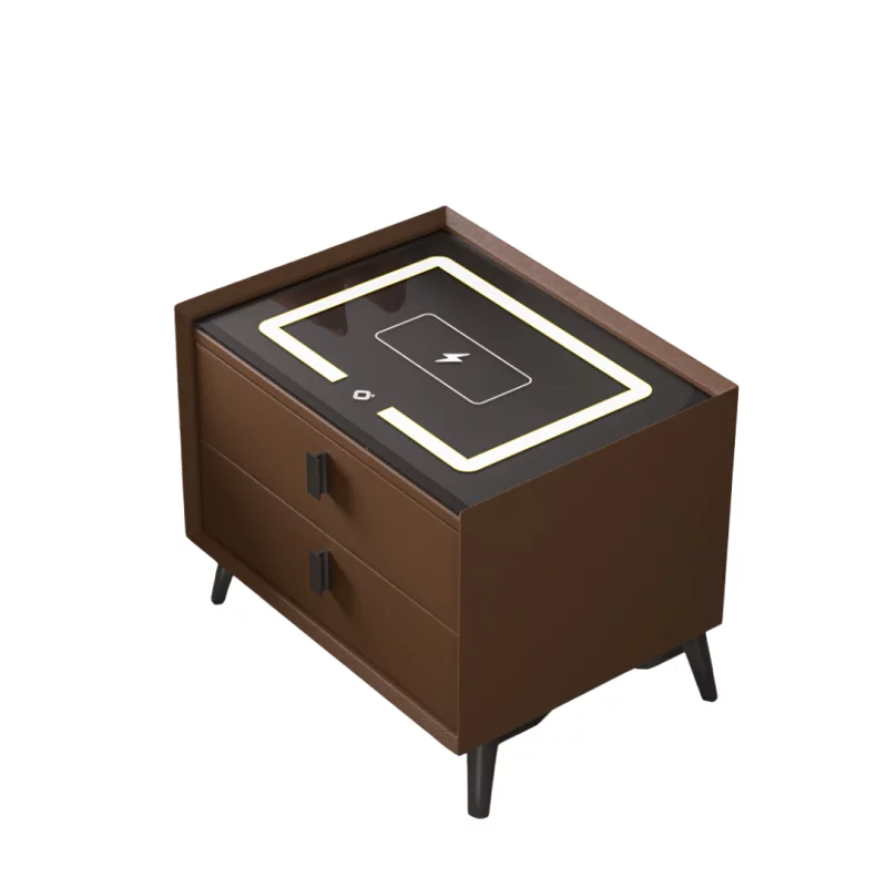 Noptiera inteligenta cu încărcare wireless și iluminare LED –culoare maro, 2 sertare, design modern din sticlă și lemn