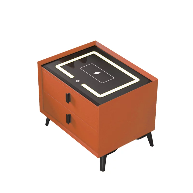 Noptiera inteligenta cu încărcare wireless și iluminare LED –culoare portocaliu, 2 Sertare, design modern din sticlă și lemn